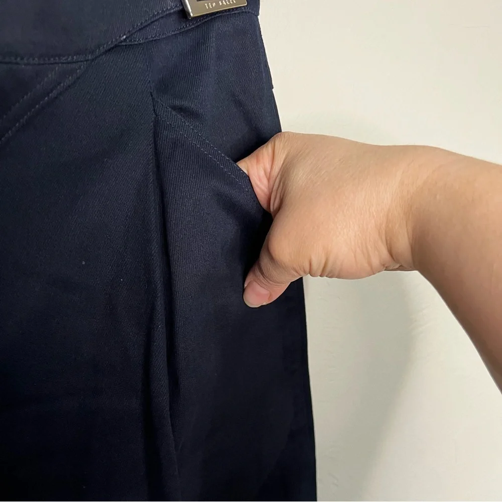 Ted Baker Alaiina Navy Blue Front Double Buckle Pleated‎ Tapered Trouser Pants